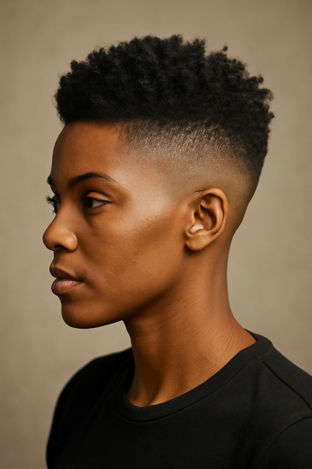 10 Short Haircuts for Black Women With Fine Hair 2 Portrait of a Black woman with a high fade on the sides and a textured tapered top