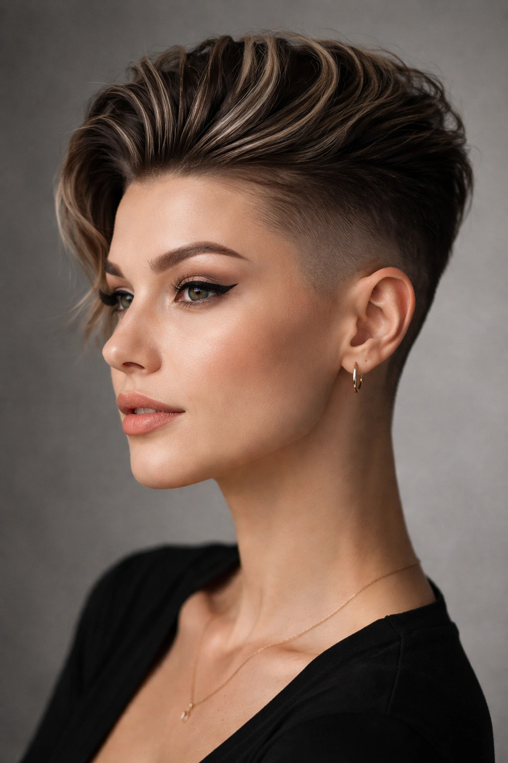 10 Shaved Side Hairstyles Women Are Rocking Now 7 Close-up of a woman with a high fade and textured swept-back top, highlighting shaved sides and voluminous crown