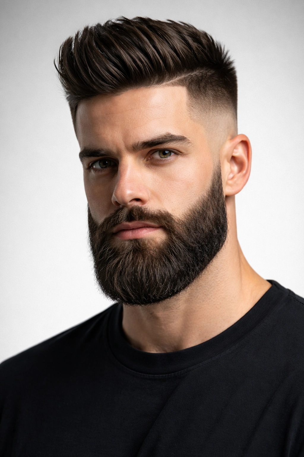 Portrait with high fade and thick beard showing dramatic contrast