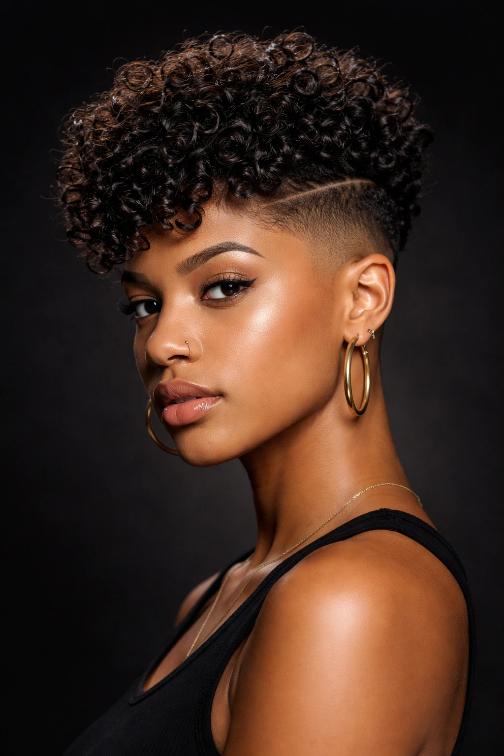 Front portrait of a person with a high-fade undercut and curly top.