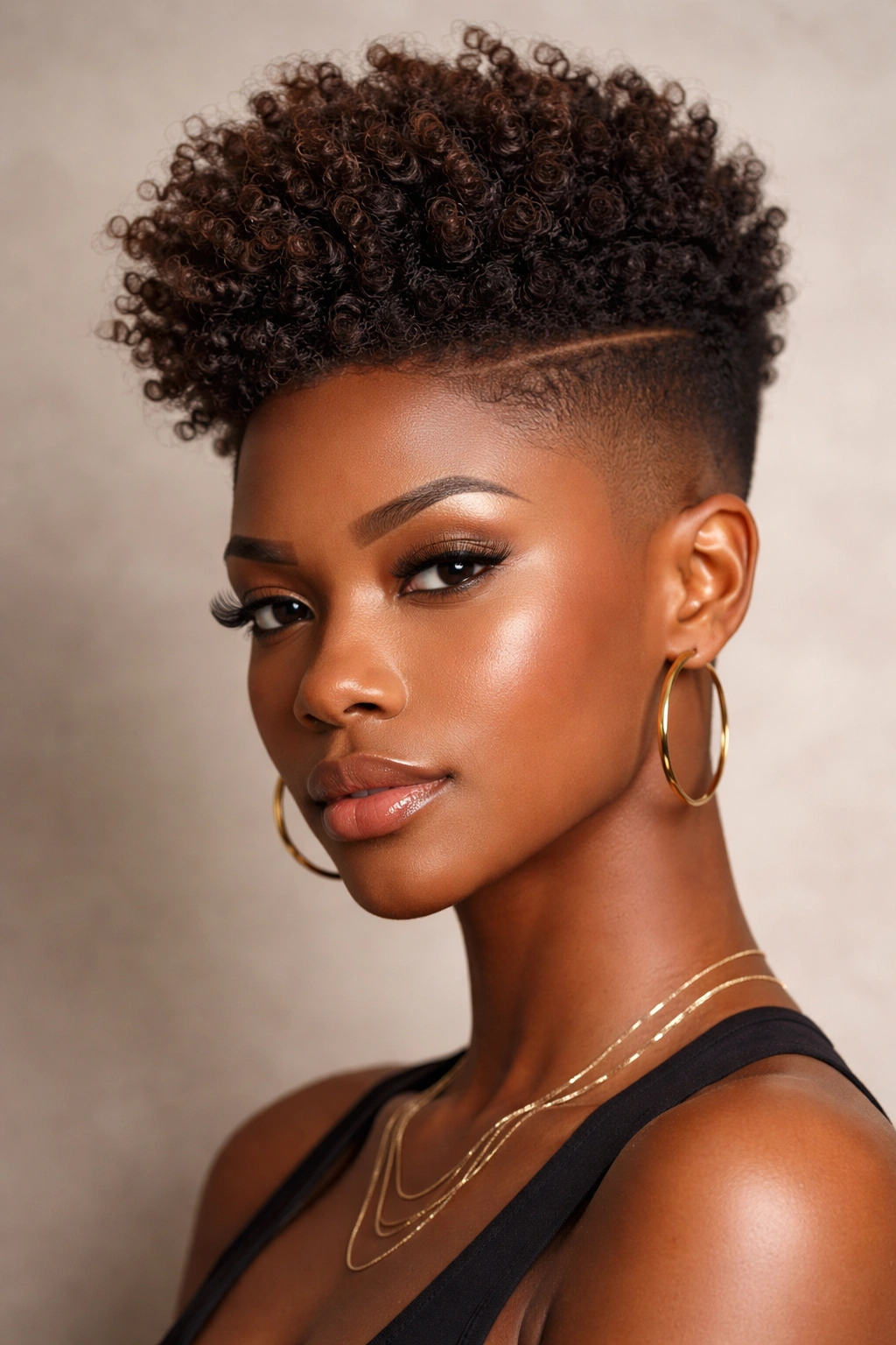 Close-up of high fade hairstyle with voluminous top curls