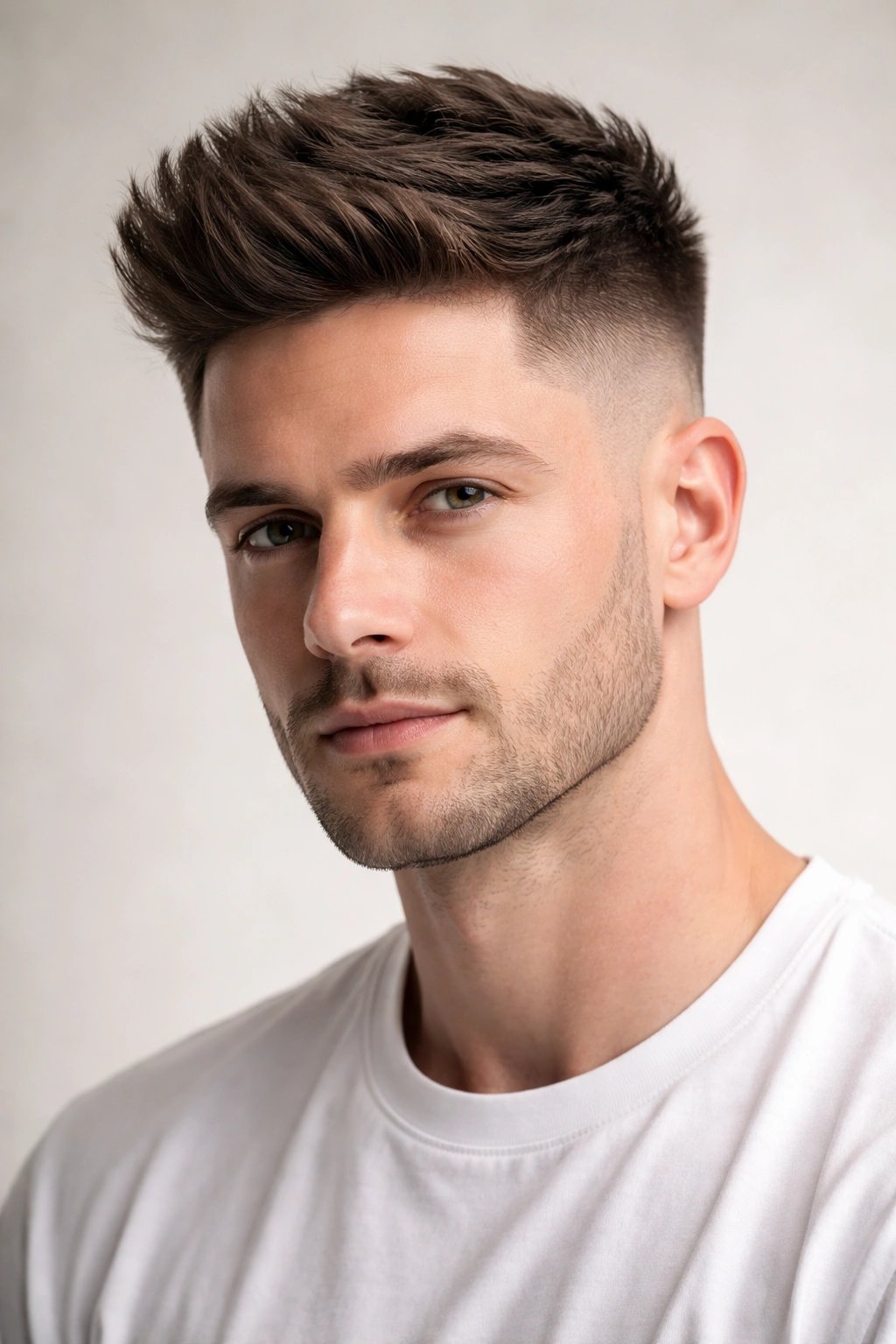 Close-up of a man with a high fade and voluminous top hairstyle.