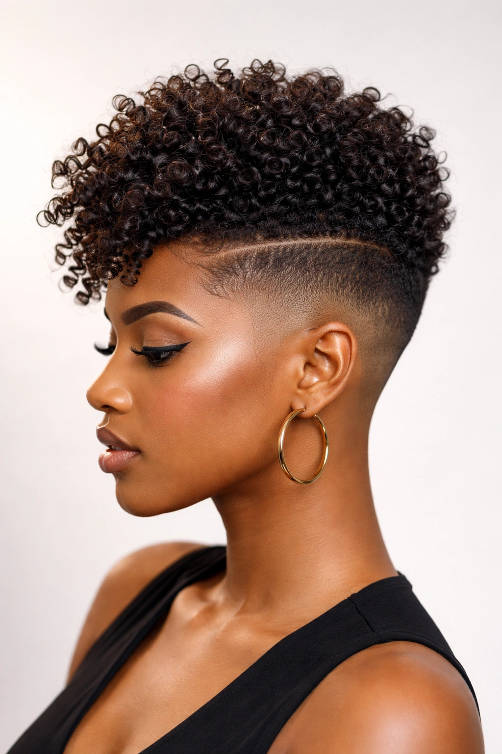 Profile of a Black woman with a high fade and voluminous top highlighting fade lines