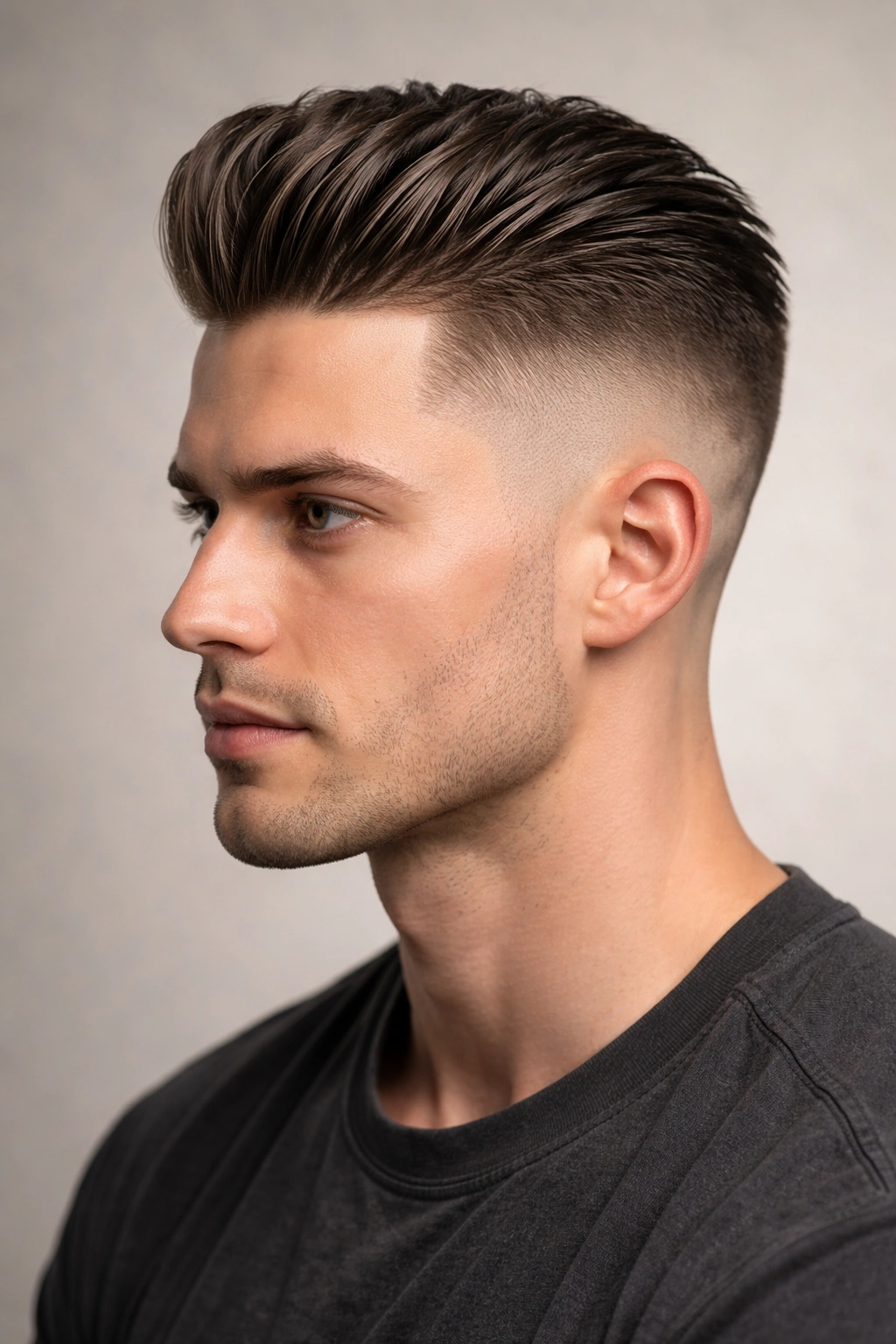 Portrait of a hairstyle with high fade and voluminous slicked top