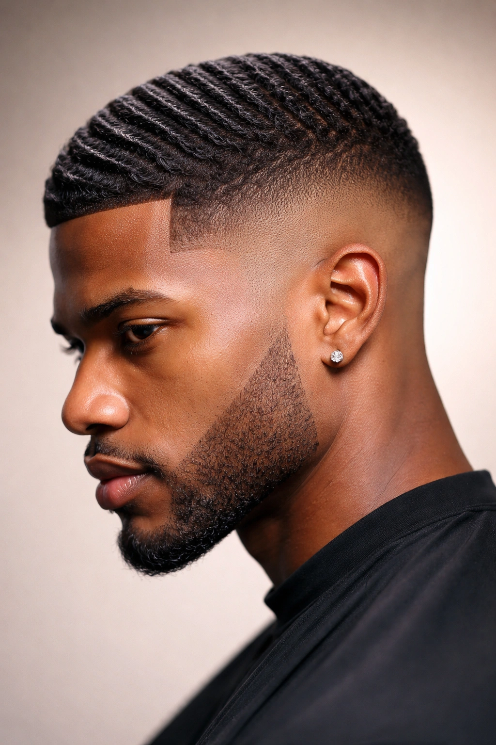 Portrait of a Black man with a high fade and waves on top, bold contrast.
