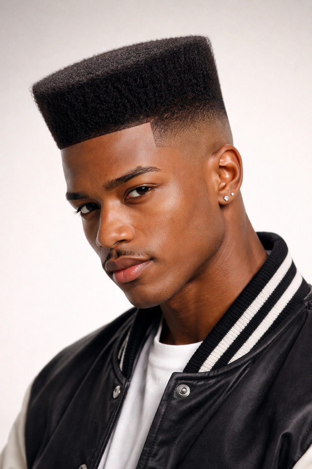 Portrait of a person with a high flat top fade and crisp side fade