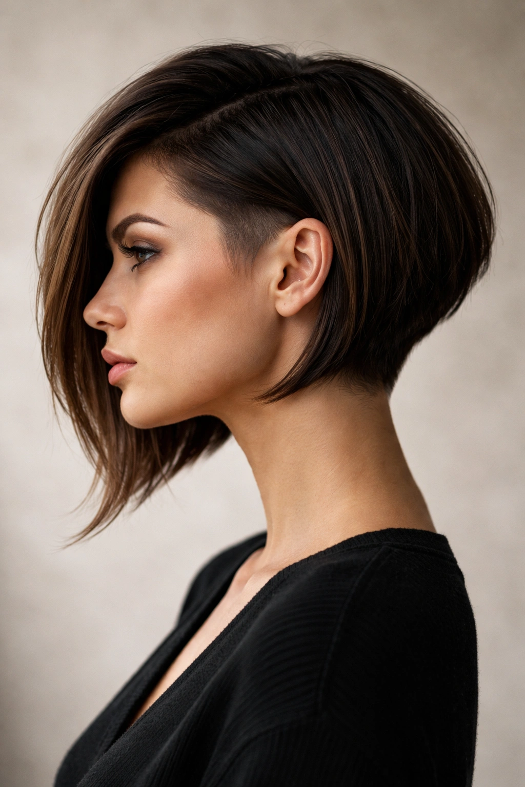 12 Asymmetrical Bobs From Subtle To Statement 5 Side-profile of a high-low asymmetrical bob showing an undercut and length contrast.