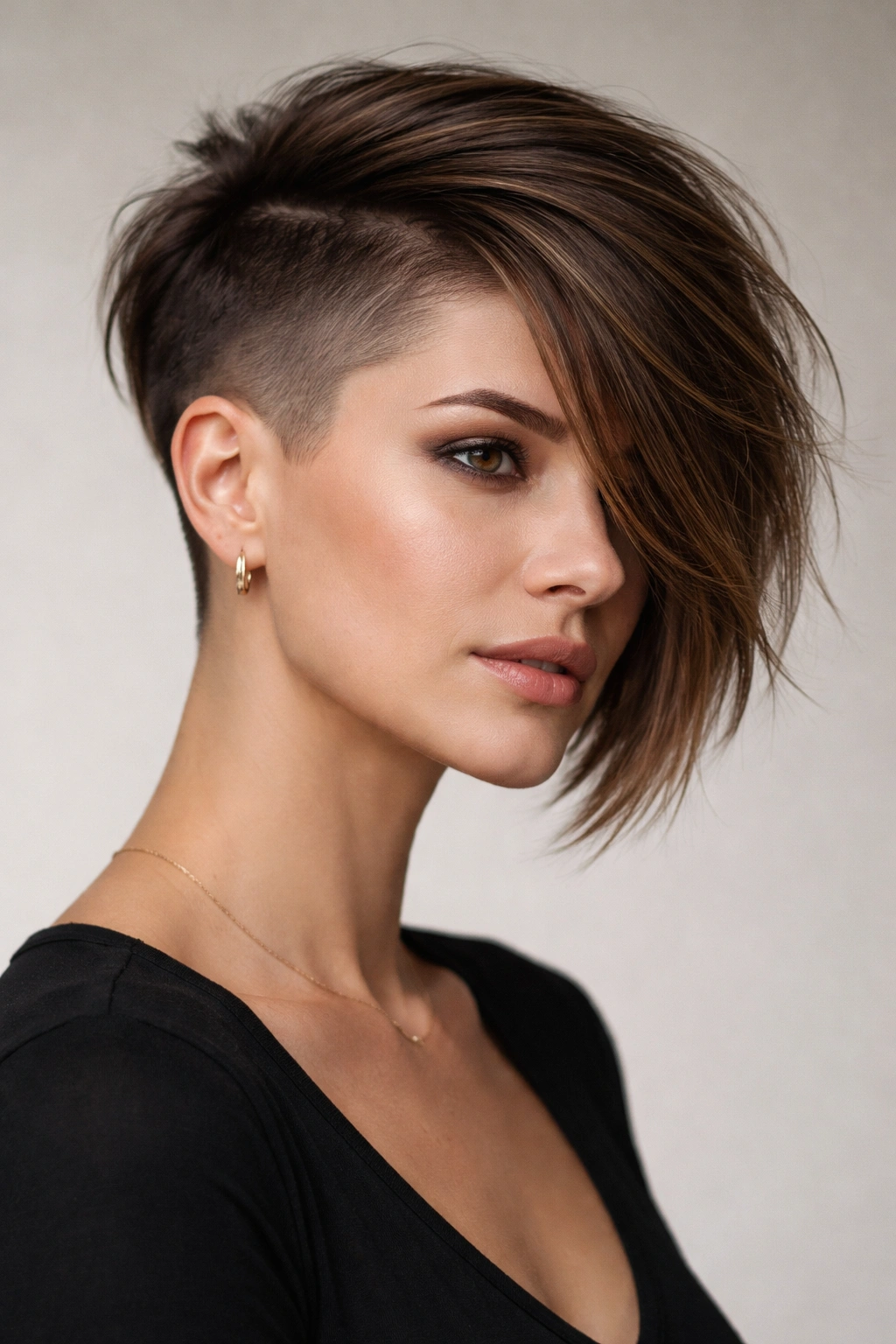 10 Asymmetrical Short Haircuts For Women 8 Portrait showing a high-low asymmetrical crop with extreme length contrast