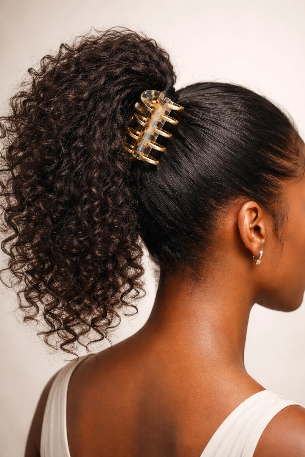 High pony with claw clip securing textured Black hair at crown in studio lighting
