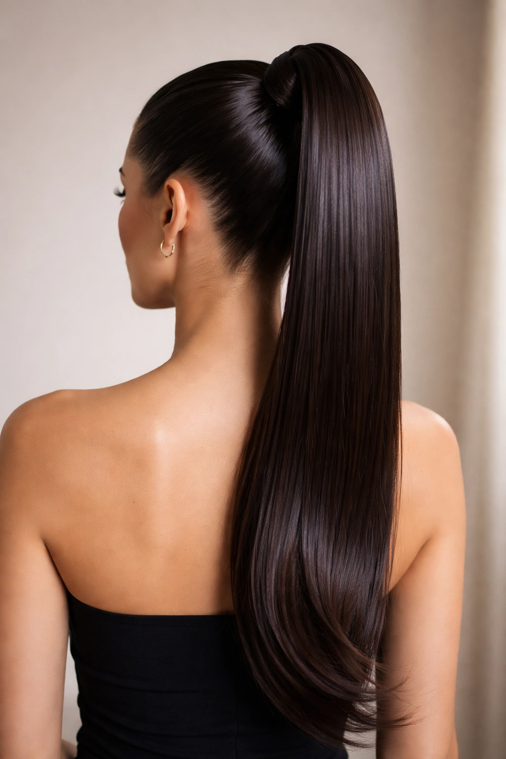 25 Slick Back Ponytail Styles for a Chic, Polished Look 2 Back view of a high ponytail with a glossy, crown-height finish