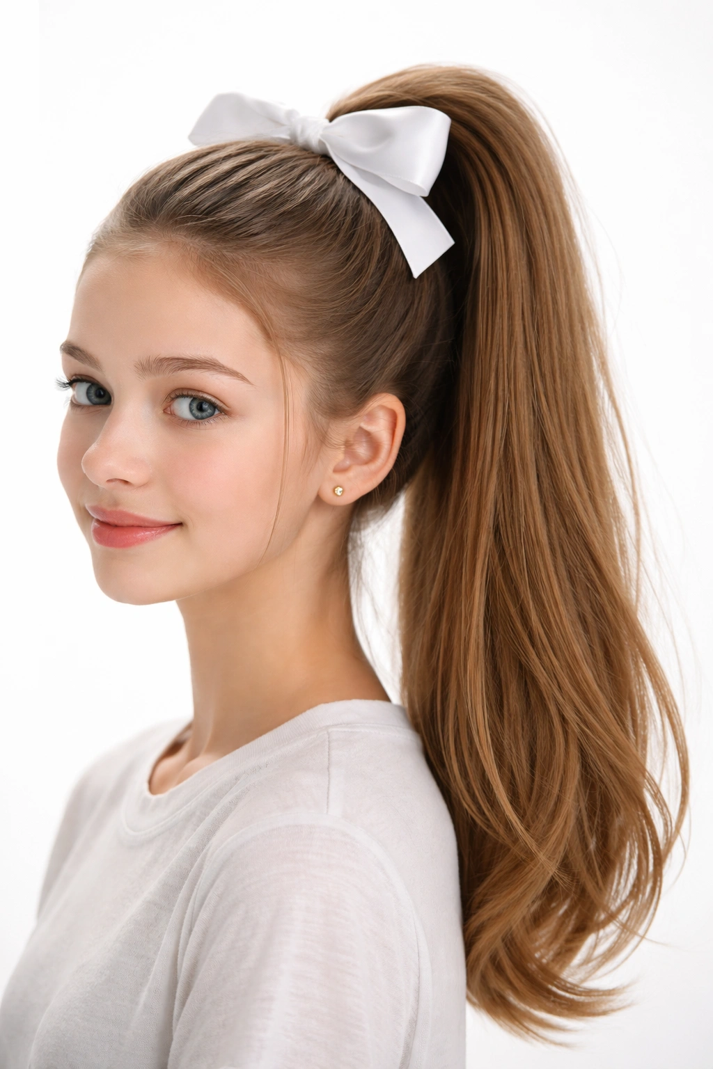 Sleek high ponytail with a bow at the base