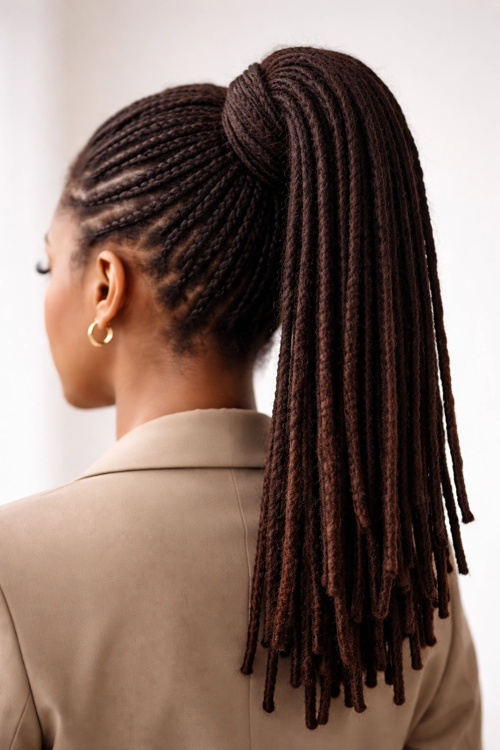 High ponytail with geometric cuff at base, studio lighting, professional look