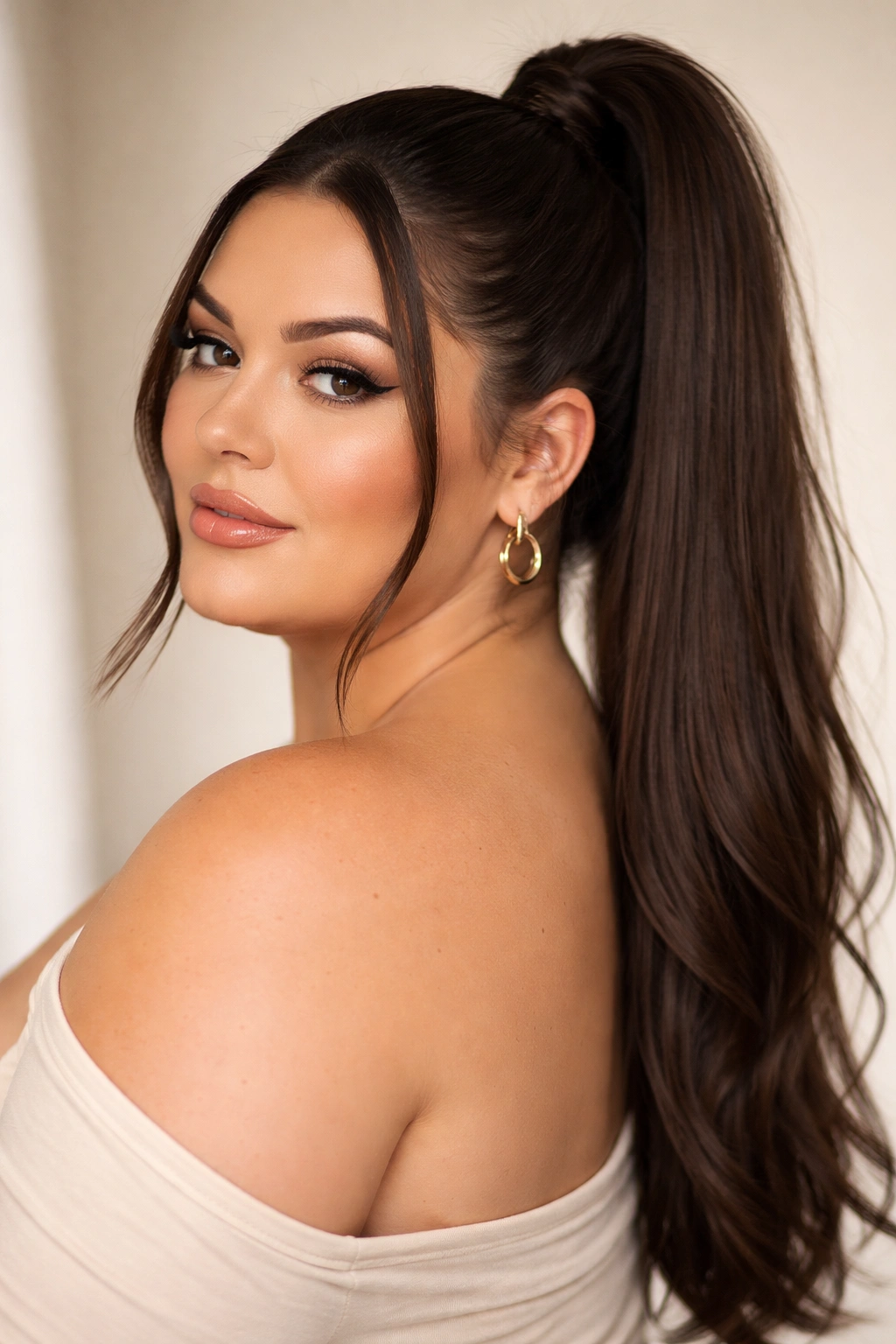 Sleek high ponytail with face-framing pieces on a plus-size model