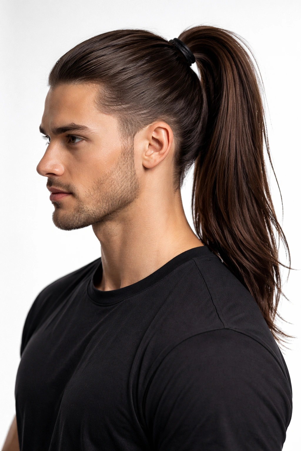 Front view of a person with a high ponytail at the crown