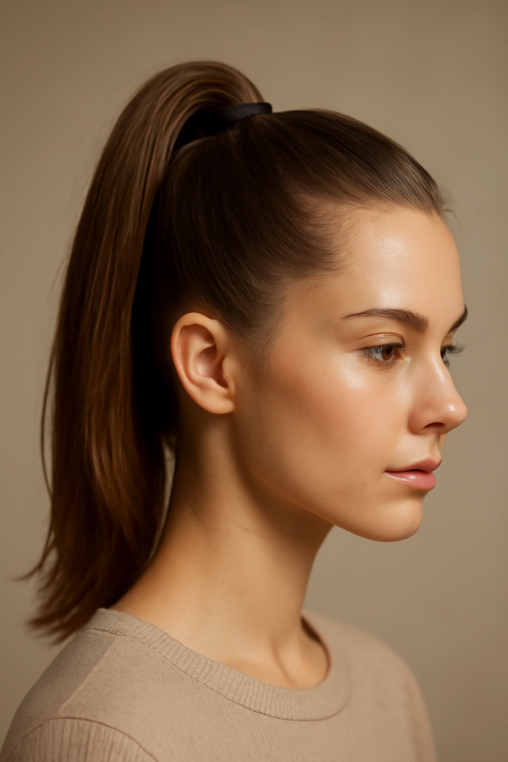 10 Quick Everyday Hairstyles in Under 5 Minutes 1 Close-up of a high ponytail at the crown with lifted roots and sleek hair.