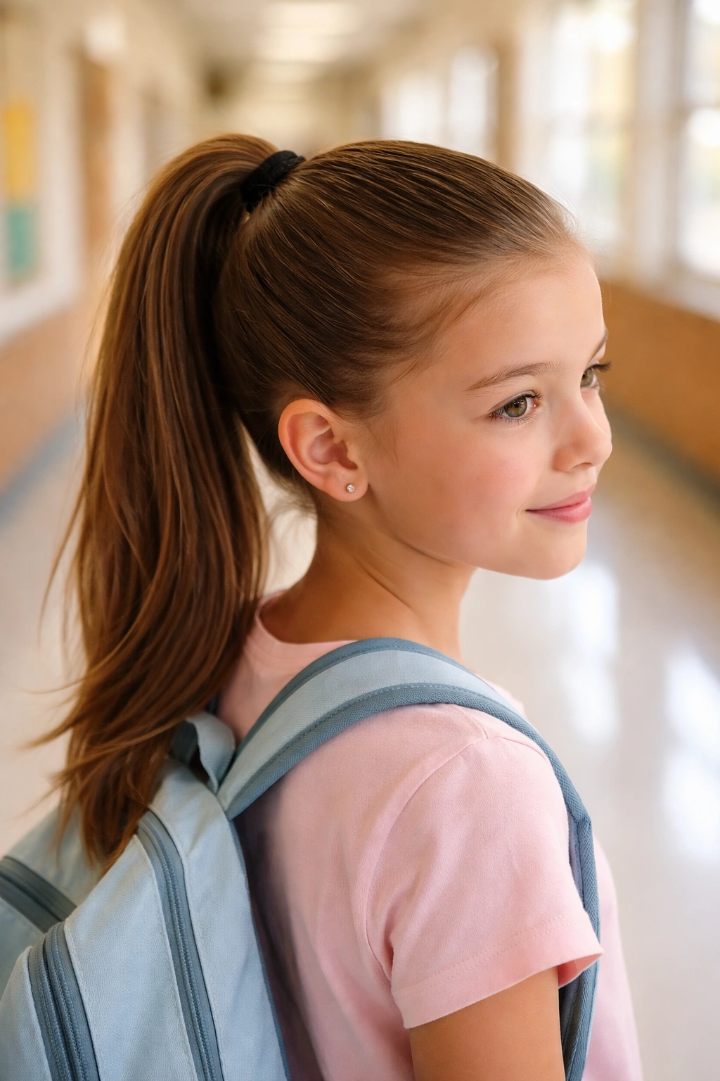 High ponytail hairstyle on a girl in a bright school hallway
