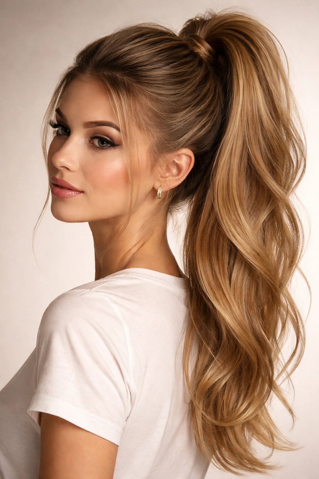 High ponytail with teased crown for volume