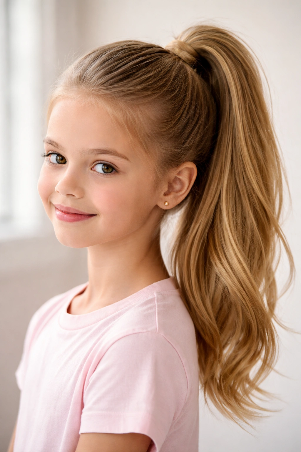 Close-up of a neat high ponytail with wrapped strand around elastic on a child, soft lighting