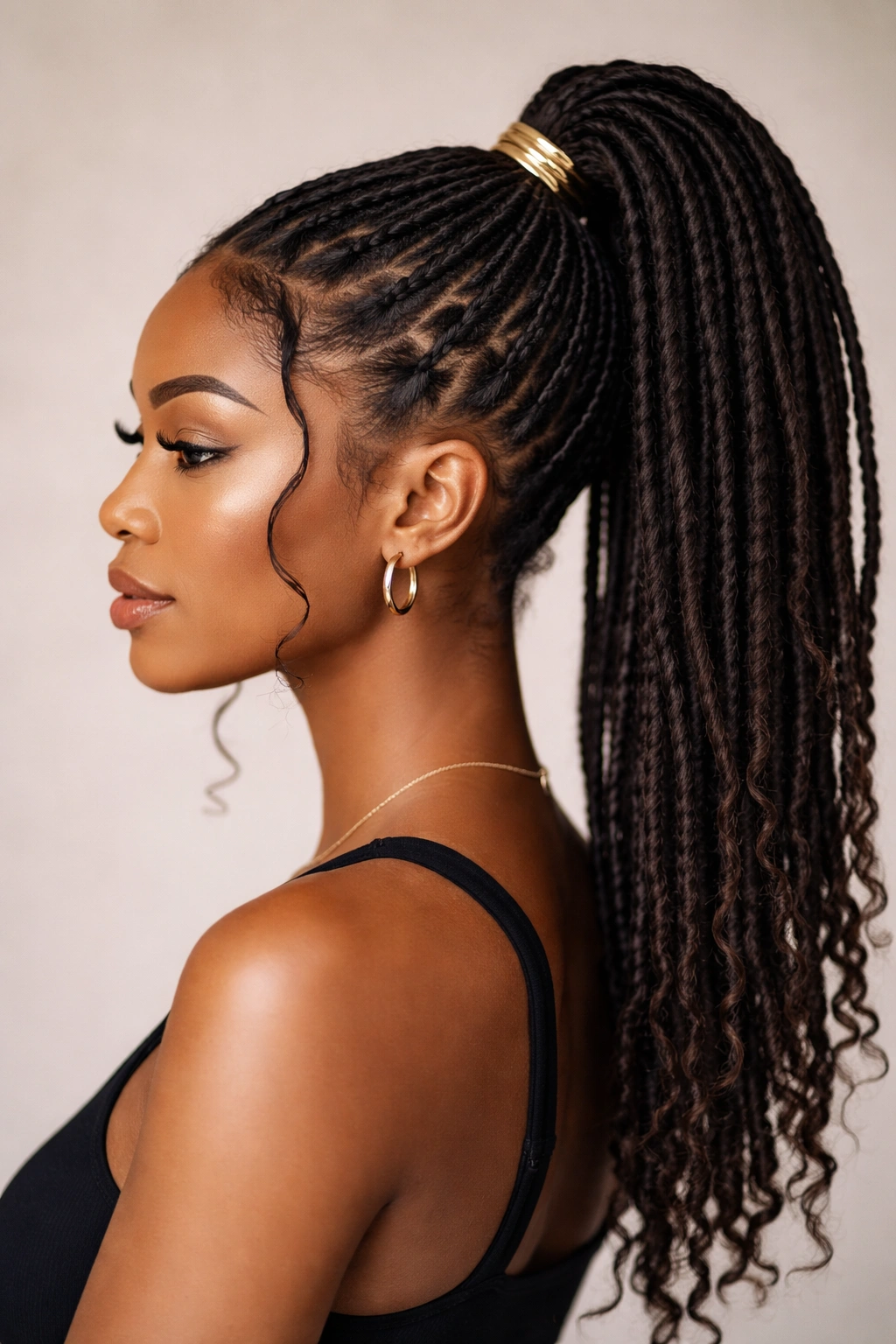 Profile view of high ponytail locs at the crown with a sleek gathered look