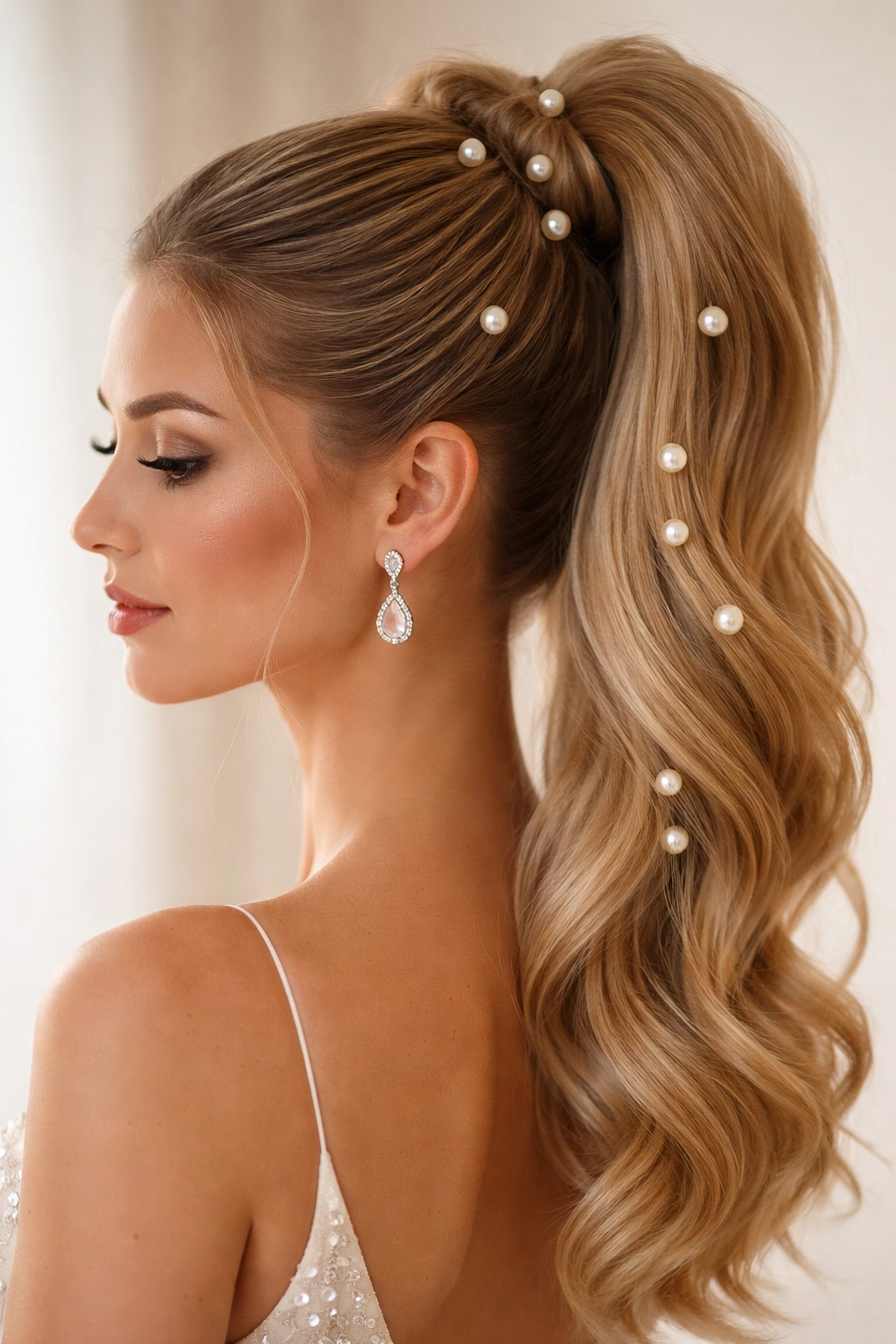 Elegant high ponytail with pearl pins, glossy and polished