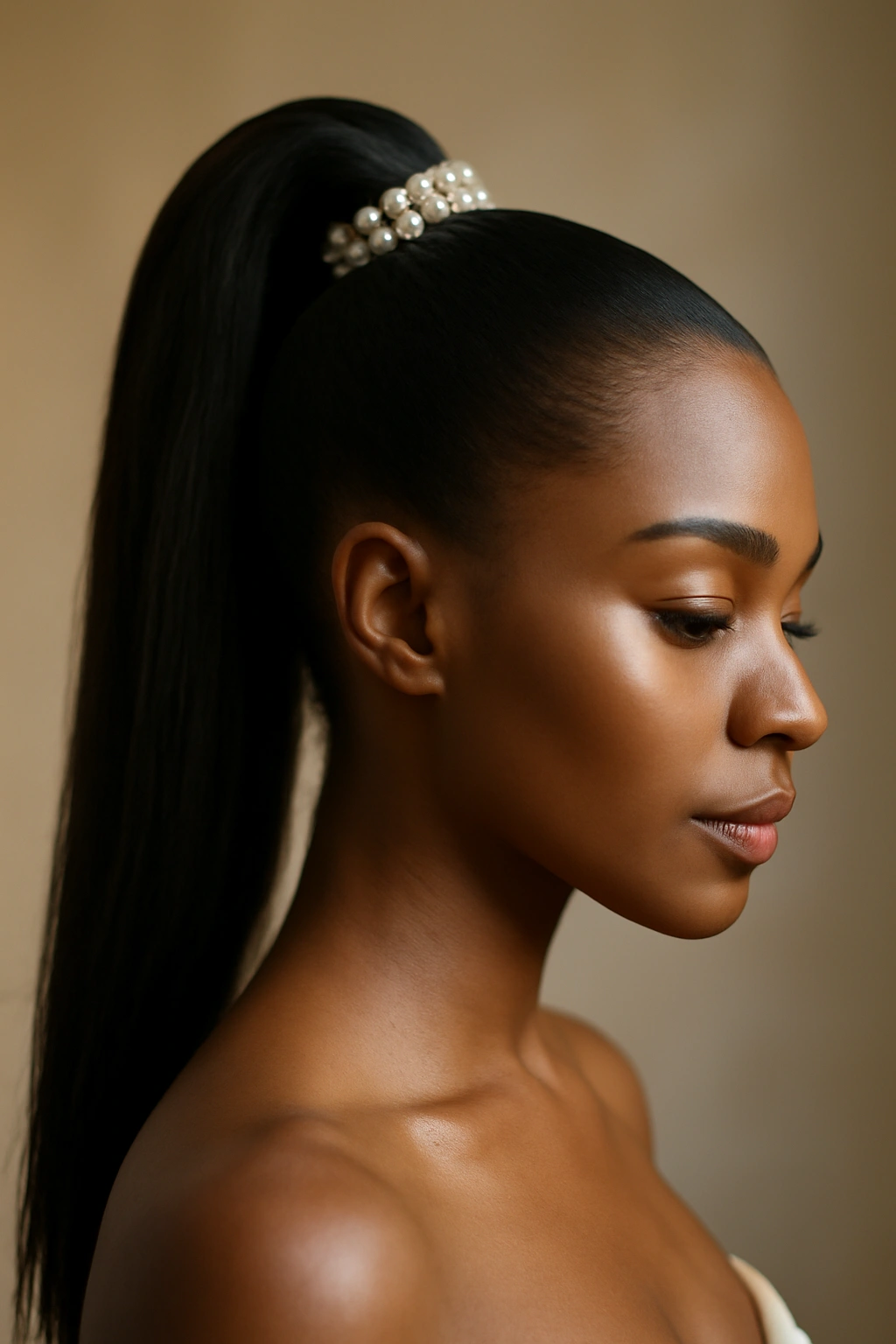 12 Stunning Bridal Hairstyles for Black Women 7 Close-up of a sleek high ponytail with pearl cuff