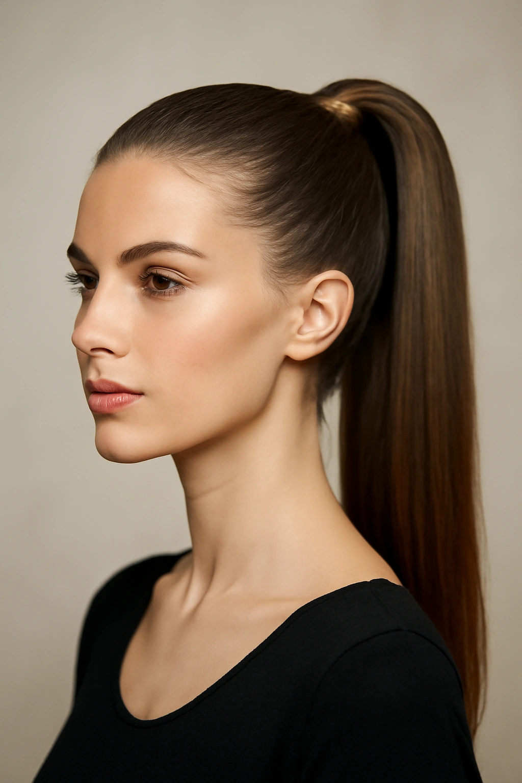 12 Polished Ponytail Hairstyles You Can Try Today 1 Close-up of a classic high ponytail at the crown, sleek and polished hair