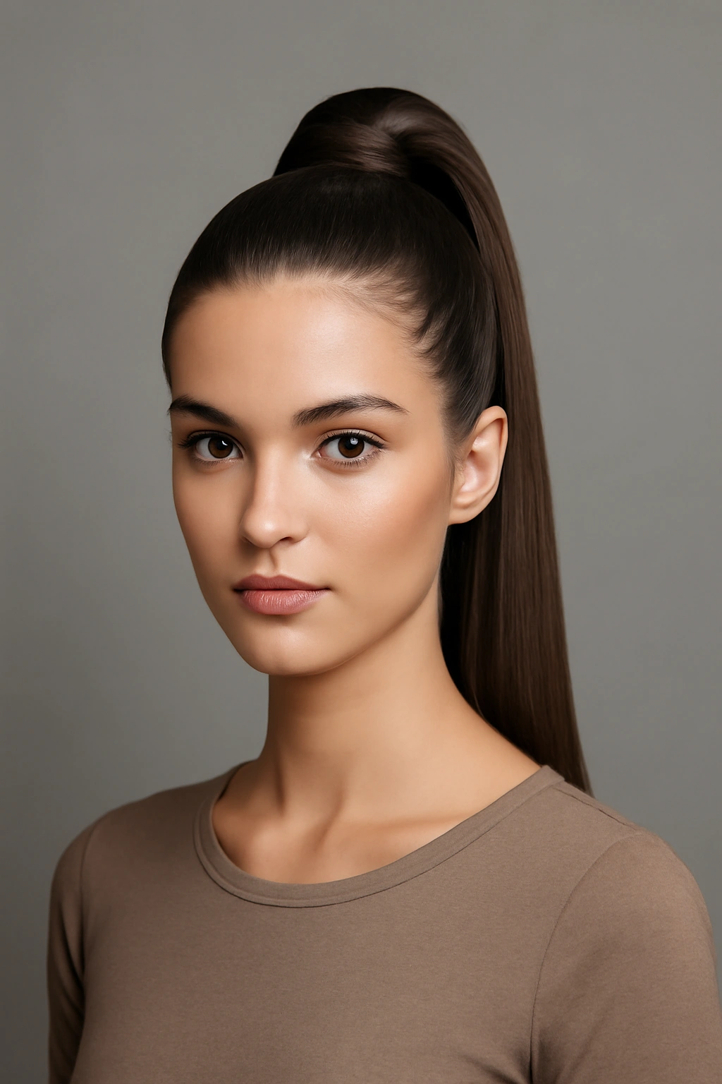 Close-up of a classic high ponytail with a smooth crown and glossy hair in studio lighting