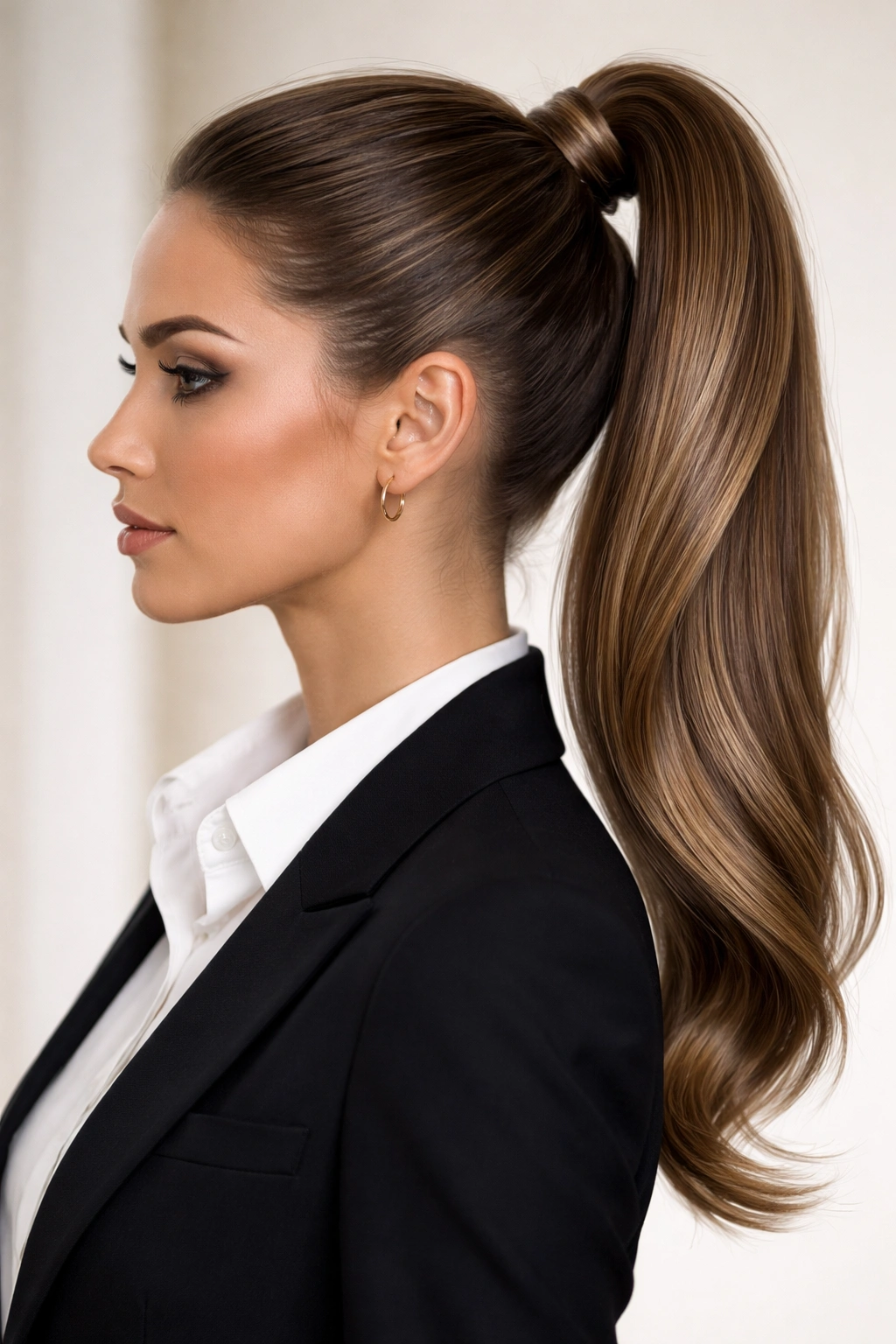High ponytail at the crown with sleek, smooth hair
