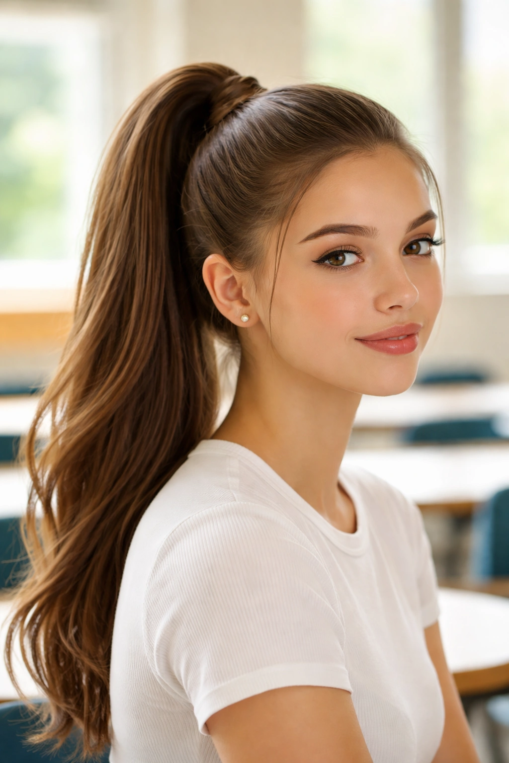 Close-up of classic high ponytail hairstyle, sleek school-ready look with a wrapped base