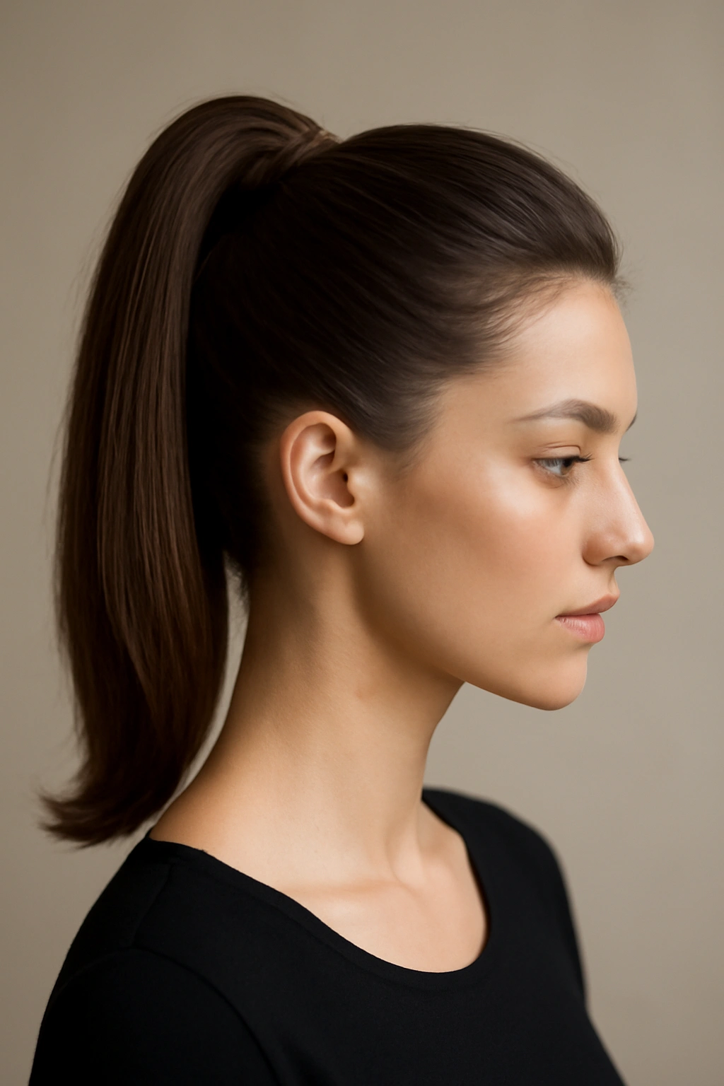 10 Graduation Day Hairstyles for Short-Haired Women 1 Close-up of a short-haired model with a sleek high ponytail and crown volume.