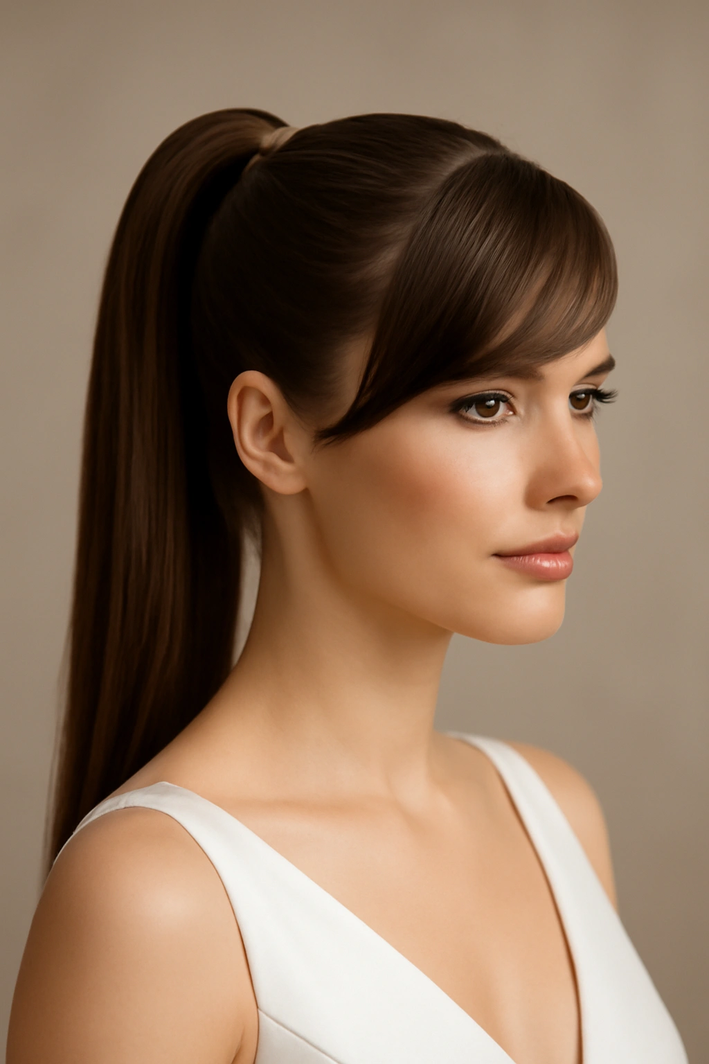 10 Wedding Hairstyles That Look Gorgeous With Bangs 5 Bridal portrait featuring a polished high ponytail with side-swept bangs
