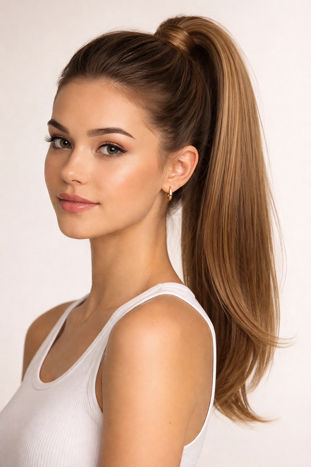 Close-up of a sleek high ponytail with wrapped elastic