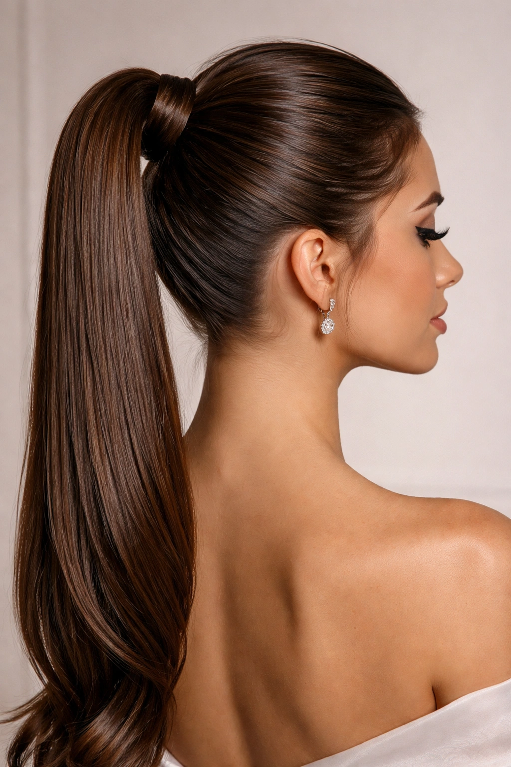 Sleek high ponytail with wrapped base and glossy finish