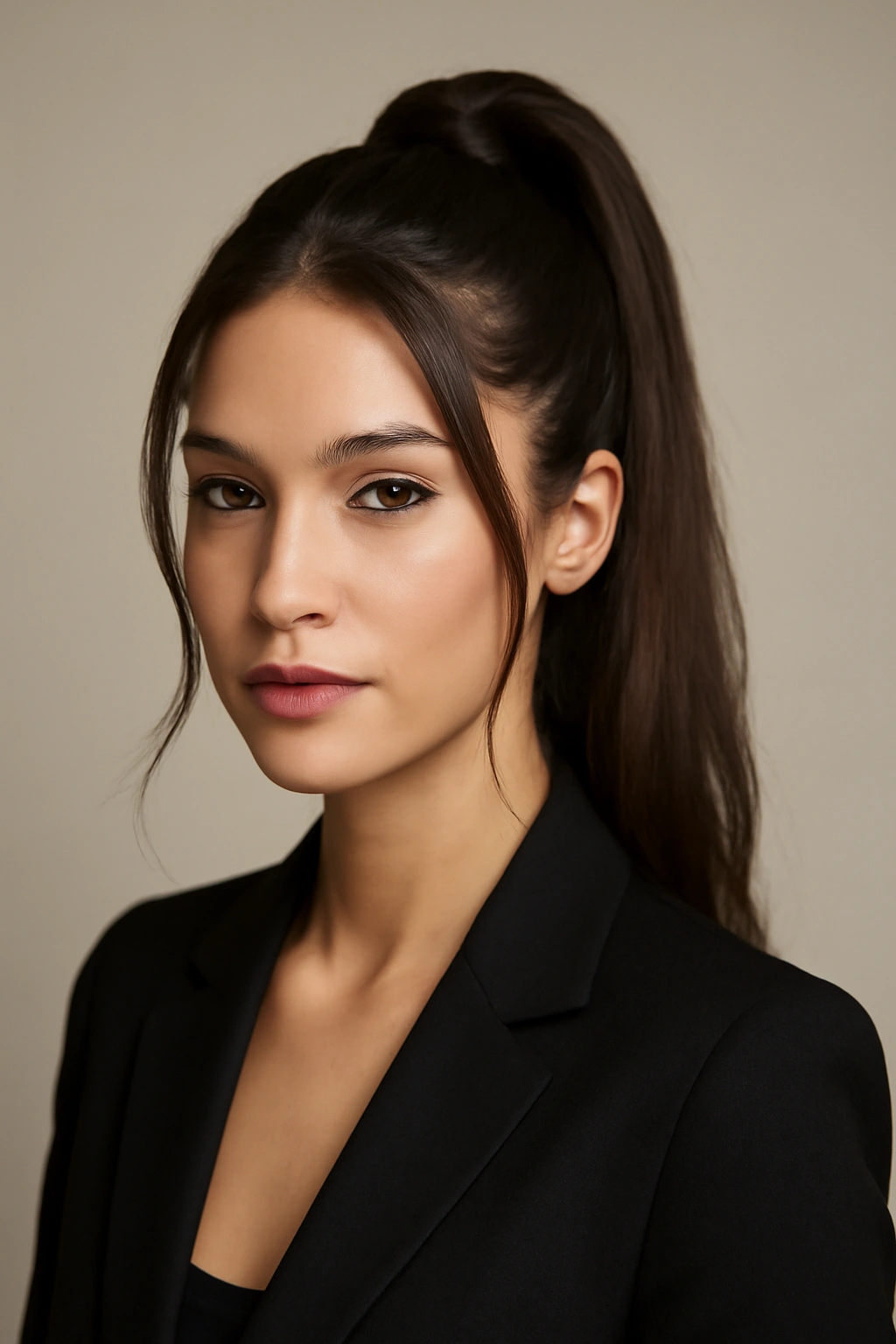 Close-up of a person with a classic high ponytail at the crown, sleek and polished.