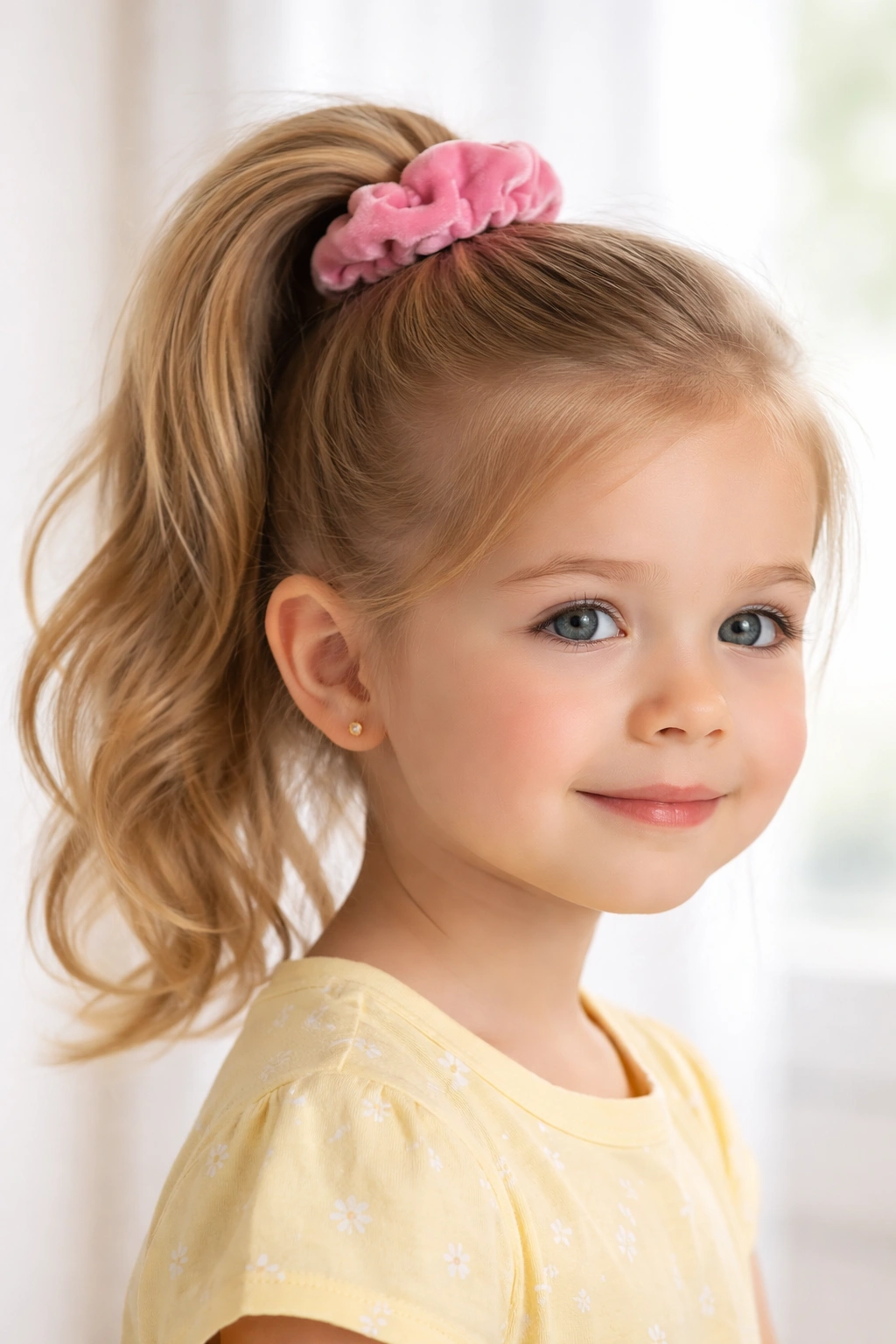 Preschooler's high ponytail with velvet scrunchie, neatly styled.