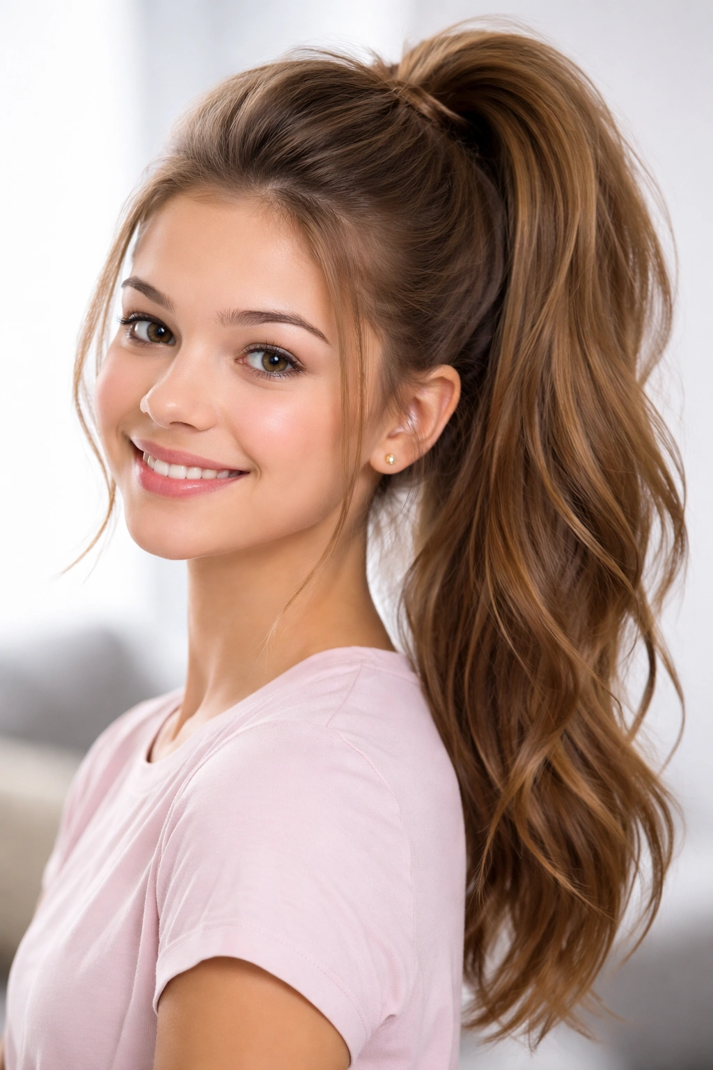 Teen girl with a voluminous high ponytail at the crown