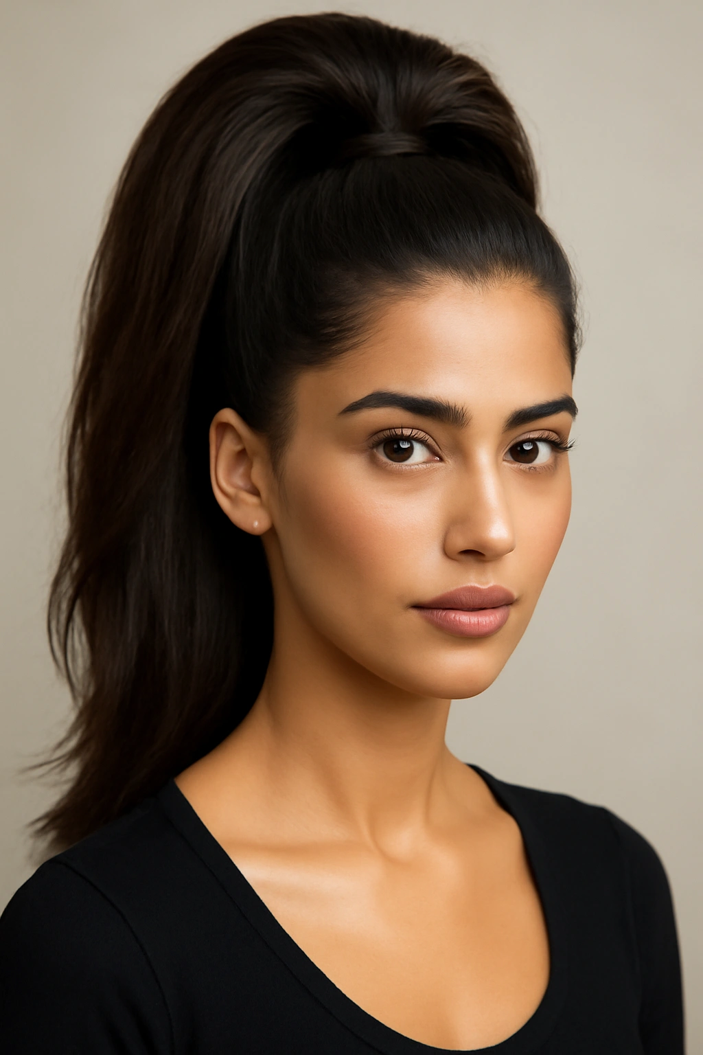 12 Beautiful Hairstyles for Arab Women to Try 3 Voluminous high ponytail with lifted crown and glossy hair