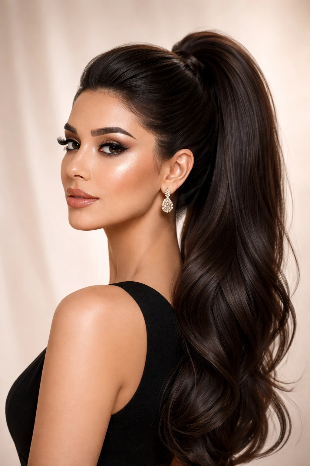 Sleek high ponytail with volume at the crown.