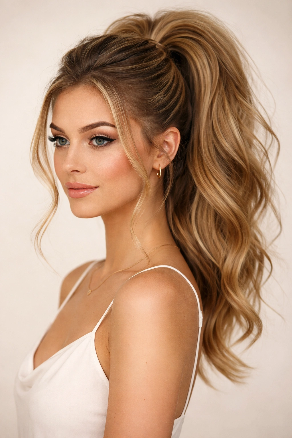 High ponytail hairstyle with big crown volume and soft face-framing pieces