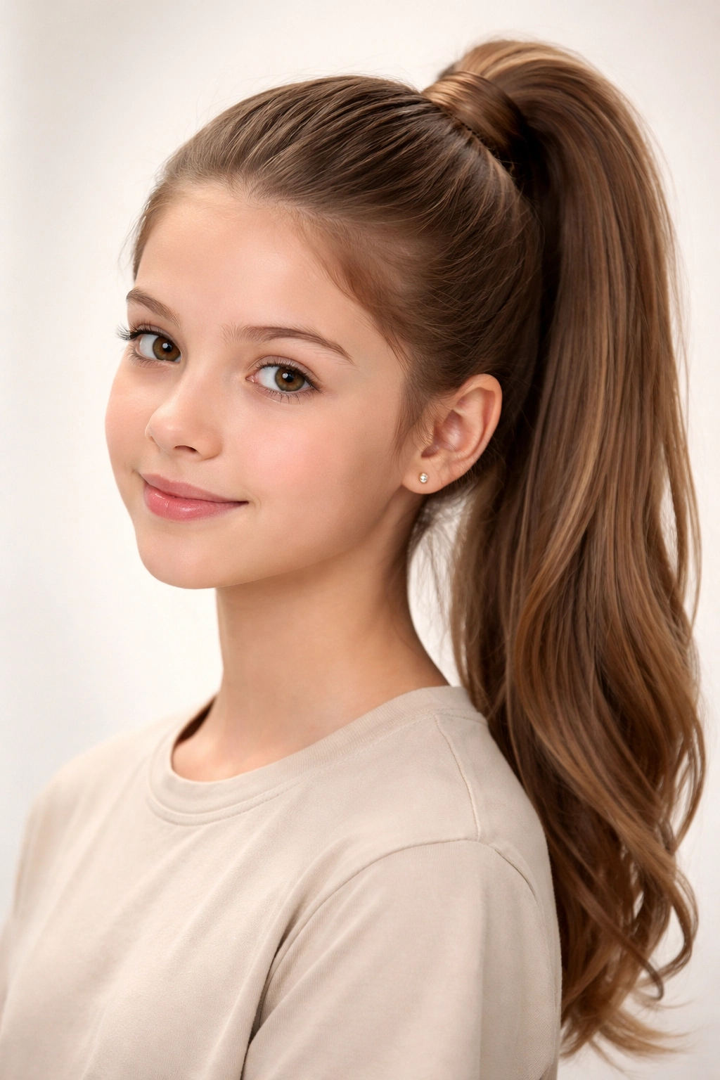 Close-up of a teen girl with a high ponytail featuring a wrapped elastic