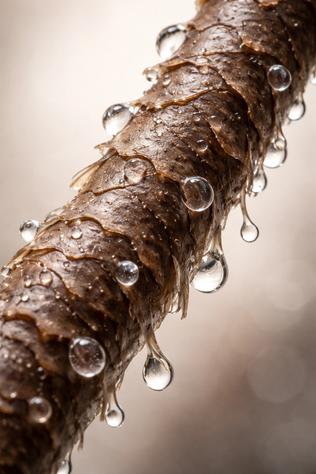 Close-up of a hair strand with lifted cuticle scales and moisture