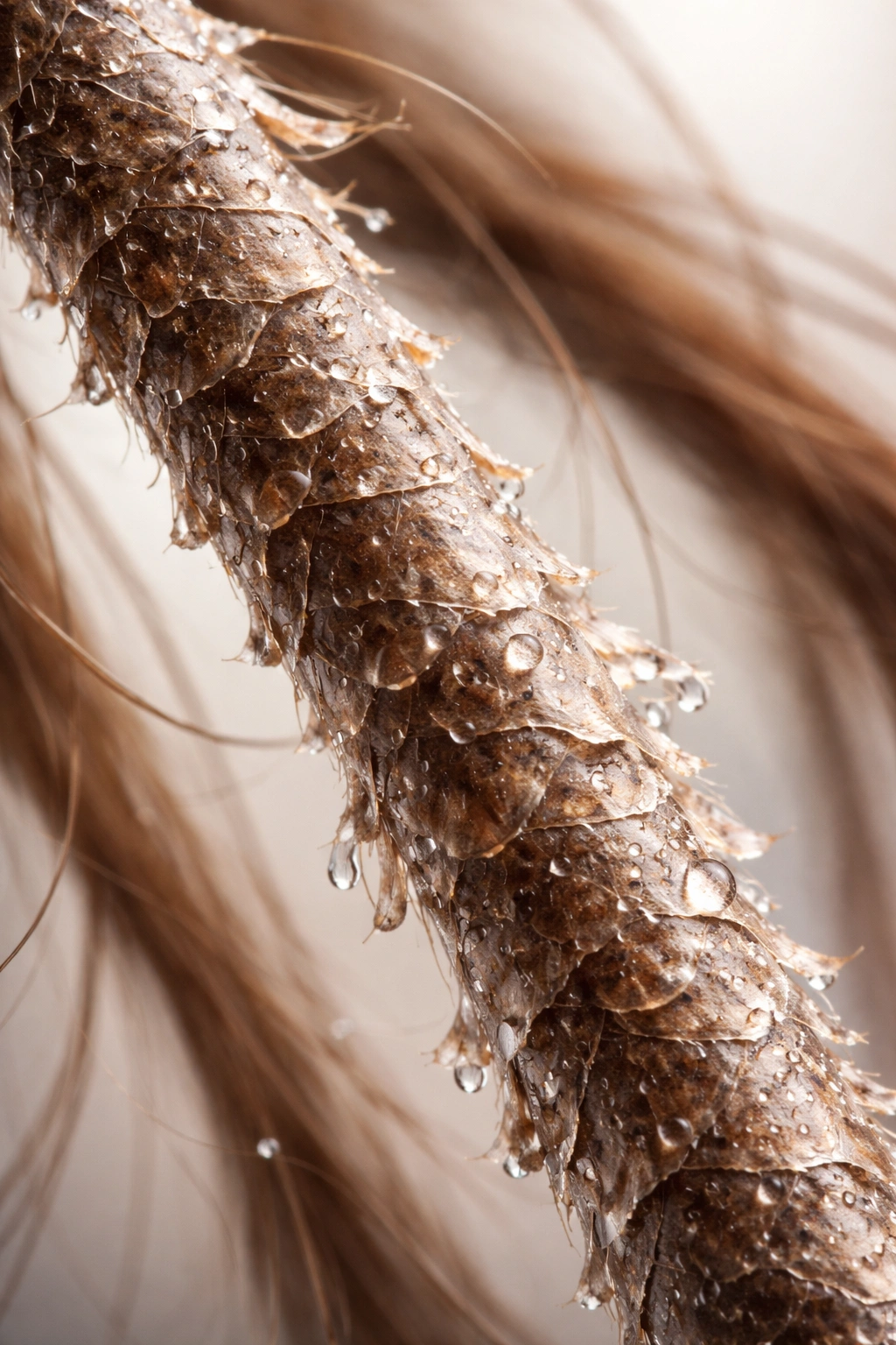 Macro shot of a hair strand with rough cuticle surface