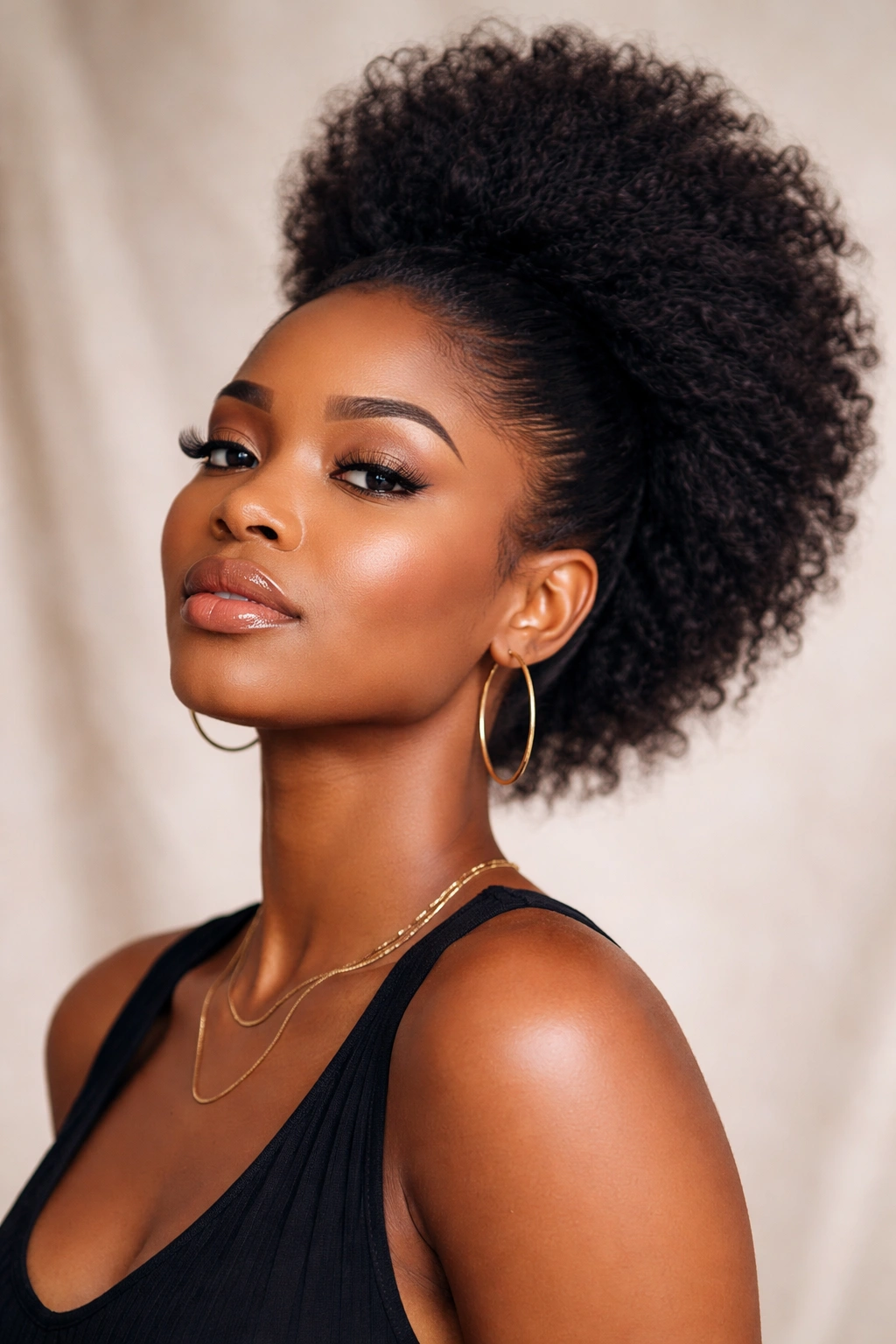 Portrait of a Black woman with a high-pouf crown pushed back