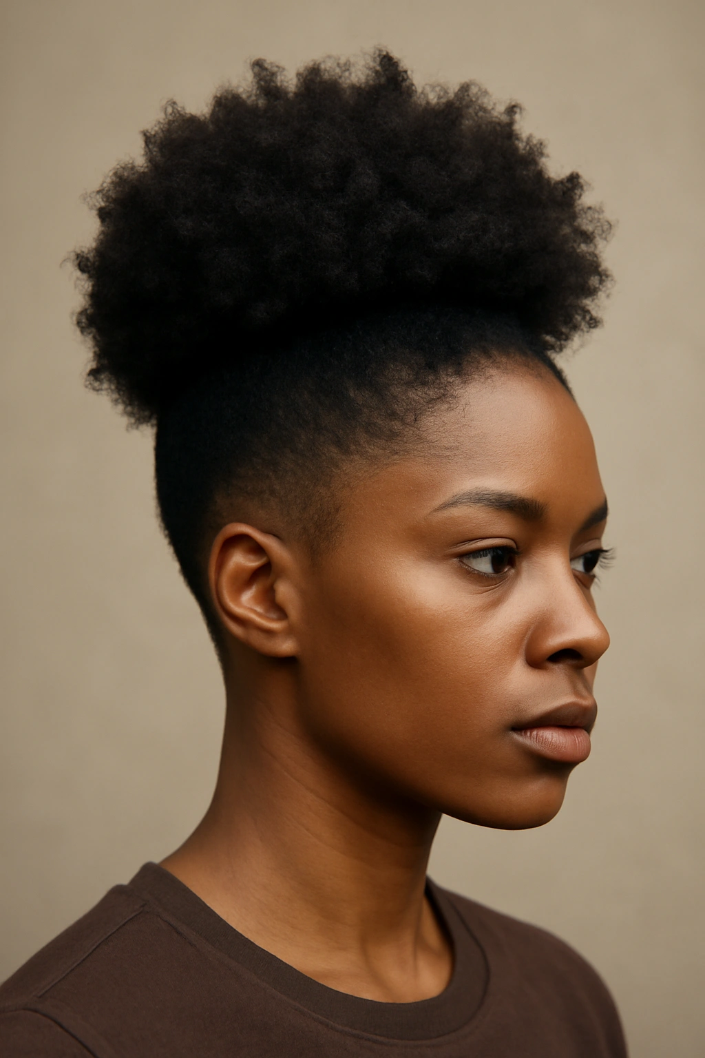 12 Short 4C Hairstyles That Look Effortlessly Good 7 Close-up of a high puff with tapered undercut on 4C hair, showing dense coils and crown volume.
