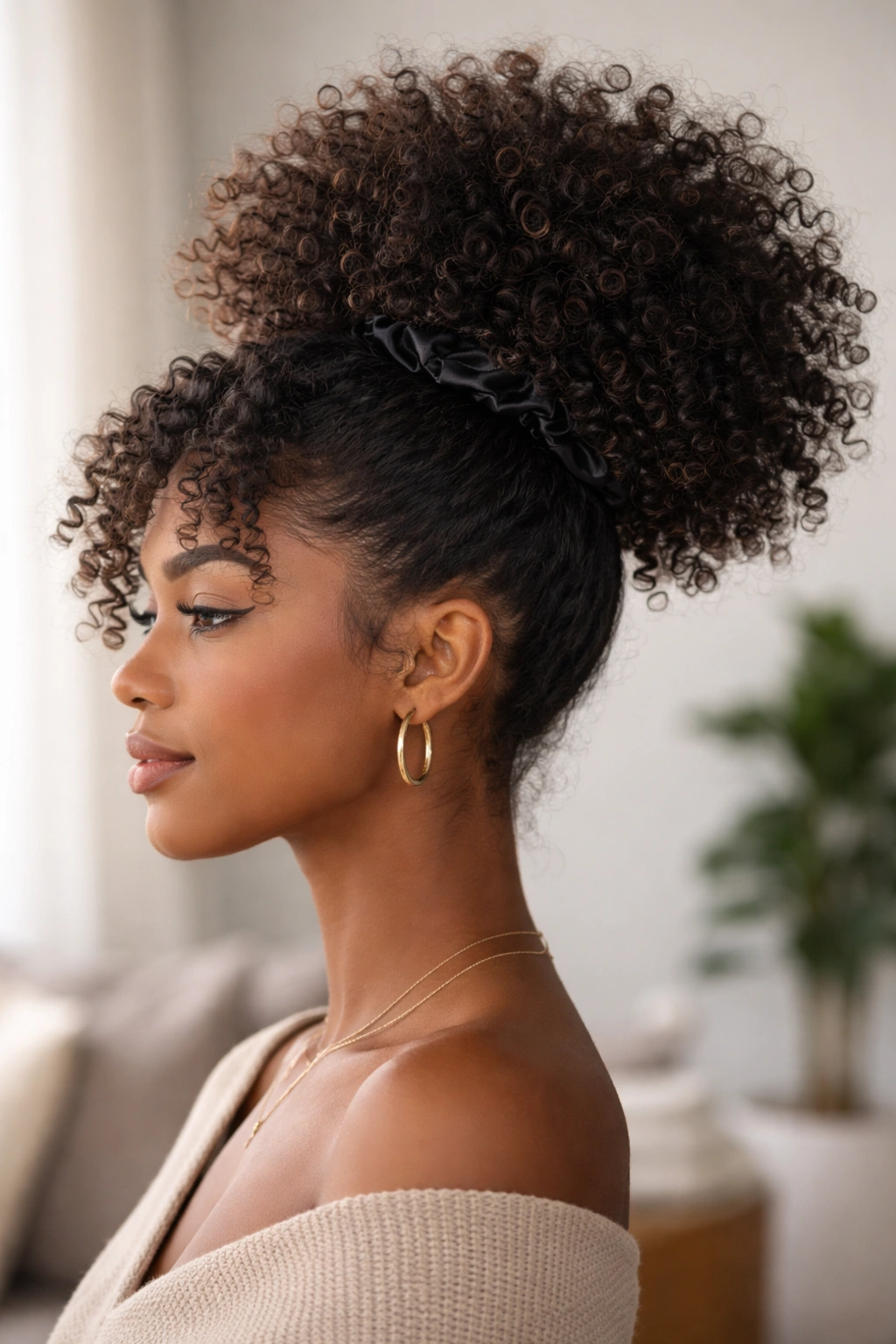 Side profile of head with a high rounded afro puff at the crown showing dense curls