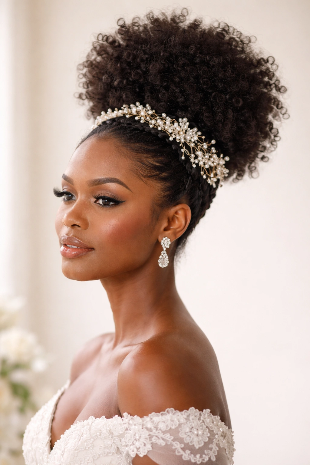 High puff bridal hairstyle with decorated base.