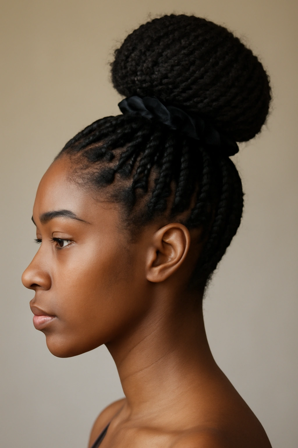 18 Box Braid Styles You'll Want to Show Your Braider 14 Side profile of a high puff bun made from box braids