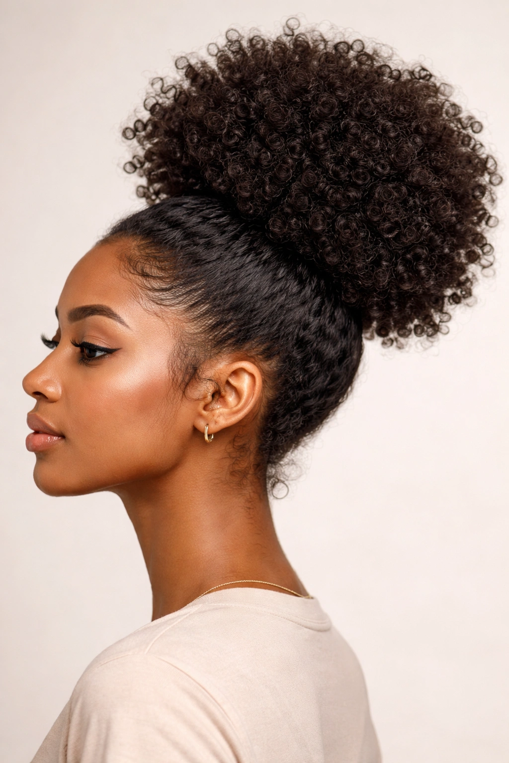 Close-up of a high puff hairstyle with defined curls and moisture shine