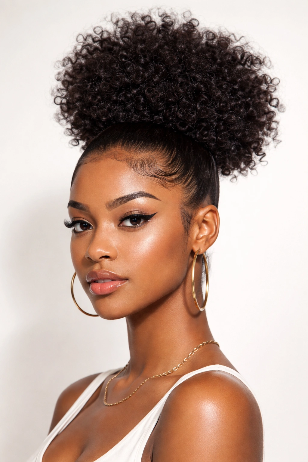 High puff hairstyle with sleek edges and crown volume