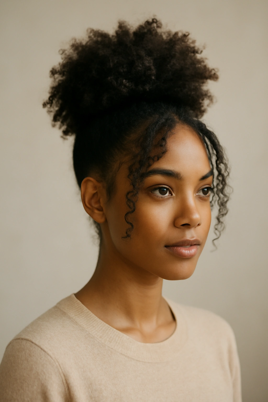 15 Easy Everyday Hairstyles for Black Women to Try 1 Close-up of the high puff with front layers showing voluminous crown and face-framing layers